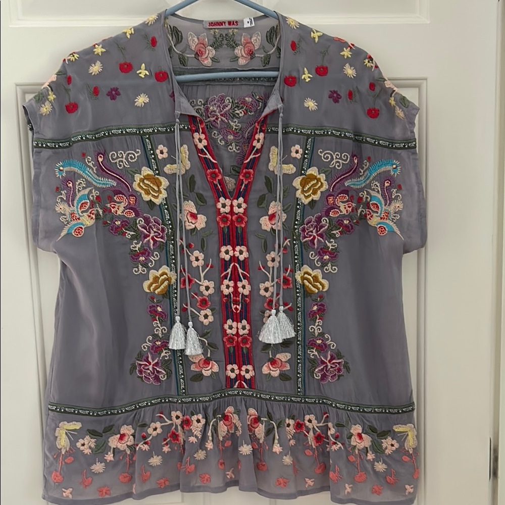 Johnny Was Blouse with Colorful Embroidery tassels & ruffles Size M Loose BoHo